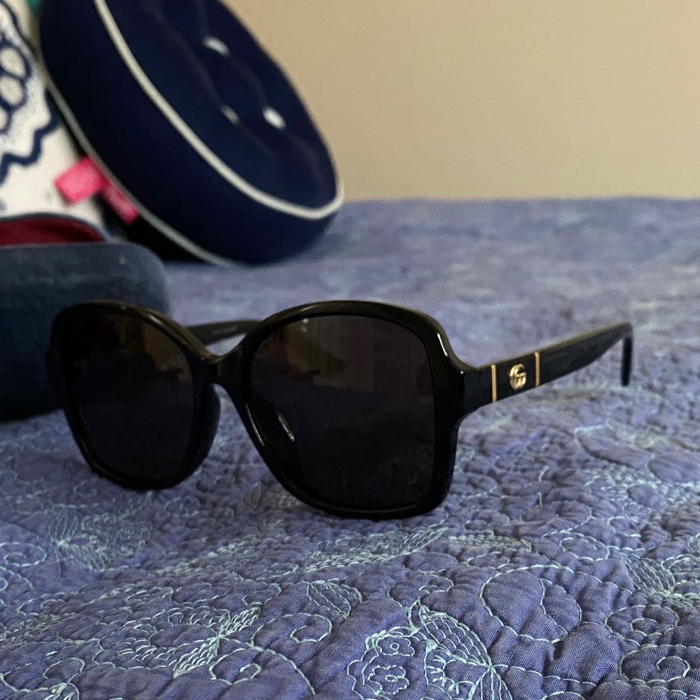 Gucci 57mm Rectangular Black Sunglasses with Gold Accents